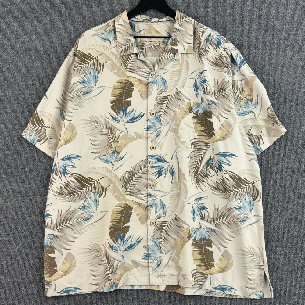 Tommy Bahama Camp Button Up Shirt Mens XL Cream Silk Floral Leaves Short Sleeves